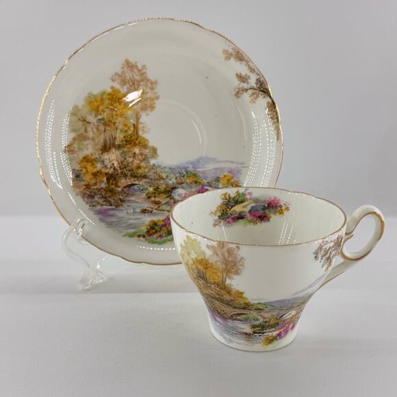 Vintage Tea Cup and Saucer Shelley Fine Bone China England Bridge Stream - Picture 2 of 5